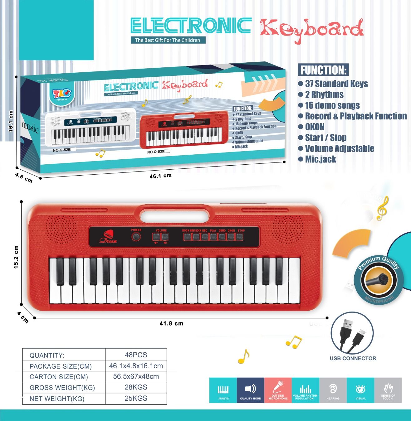 37 Key multifunctional electronic keyboard with microphone and TYPEC cable
